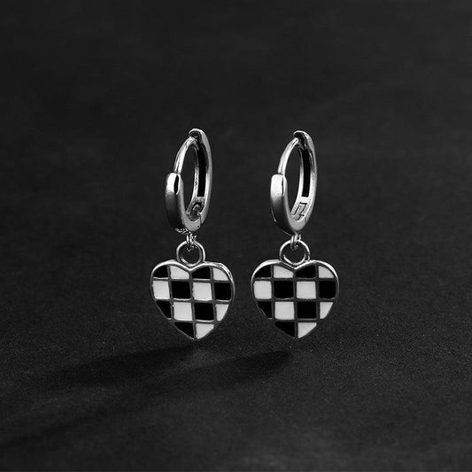925 Heart Black And White Chessboard Latch Earrings - Earrings - 925 Heart Black And White Chessboard Latch Earrings - Default - by Hunny Life