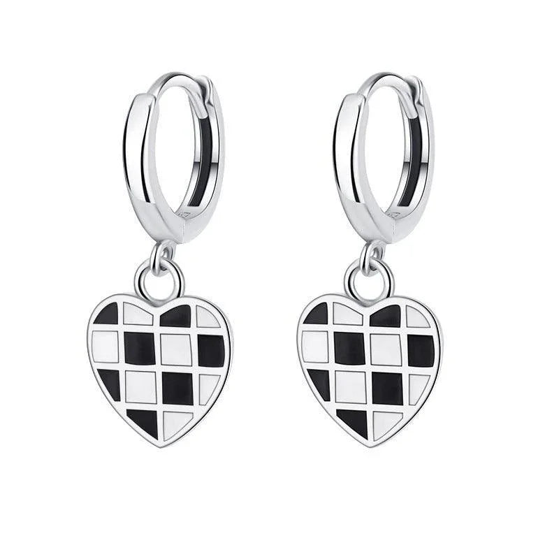 925 Heart Black And White Chessboard Latch Earrings - Earrings - 925 Heart Black And White Chessboard Latch Earrings - Default - by Hunny Life