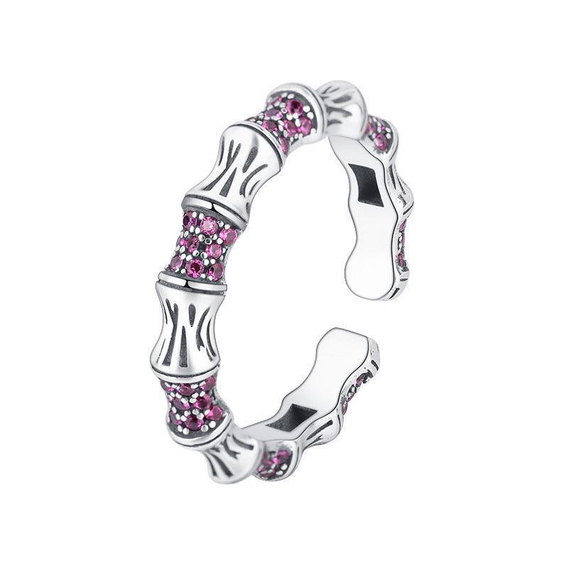 925 Silver Bamboo Knot Diamond Opening Ring - rings - 925 Silver Bamboo Knot Diamond Opening Ring - Silver - by Hunny Life