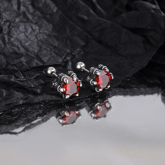 925 Silver Hand Claw Screw Red Gemstone Earrings - Earrings - 925 Silver Hand Claw Screw Red Gemstone Earrings - Silver - by Hunny Life