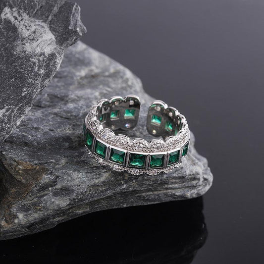 925 Silver Lace Edge Green Zirconium Ring Female - rings - 925 Silver Lace Edge Green Zirconium Ring Female - Silver - by Hunny Life