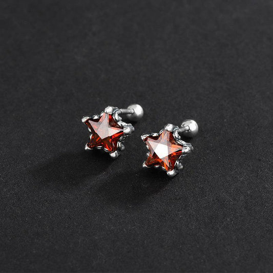 925 Silver Vintage Five Point Star Red Diamond Earrings - Earrings - 925 Silver Vintage Five Point Star Red Diamond Earrings - Silver - by Hunny Life
