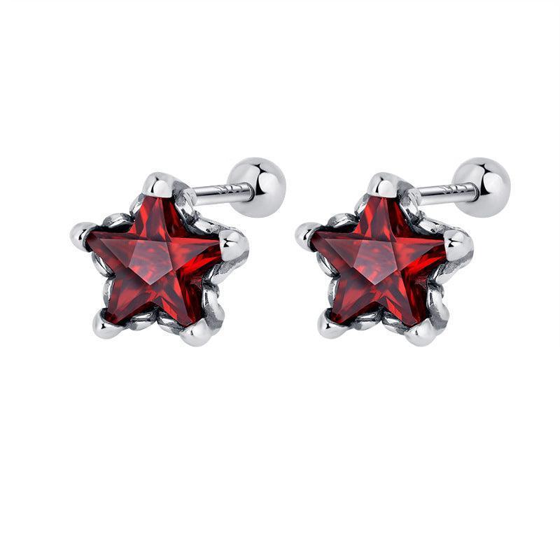 925 Silver Vintage Five Point Star Red Diamond Earrings - Earrings - 925 Silver Vintage Five Point Star Red Diamond Earrings - Silver - by Hunny Life