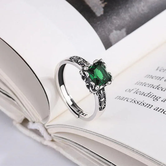 925 Silver Women's Vintage Square Opening Ring - rings - 925 Silver Women's Vintage Square Opening Ring - Green - by Hunny Life