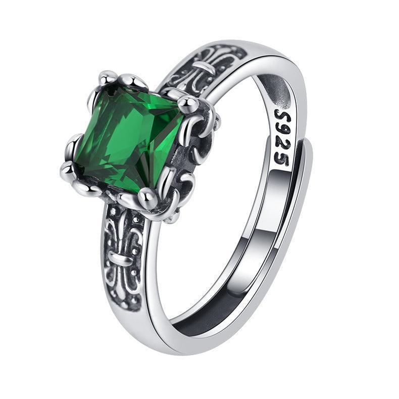 925 Silver Women's Vintage Square Opening Ring - rings - 925 Silver Women's Vintage Square Opening Ring - Green - by Hunny Life