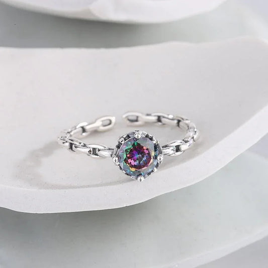925 Sterling Silver Multicolor Zircon Chain Ring - rings - 925 Sterling Silver Multicolor Zircon Chain Ring - Colour - by Hunny Life