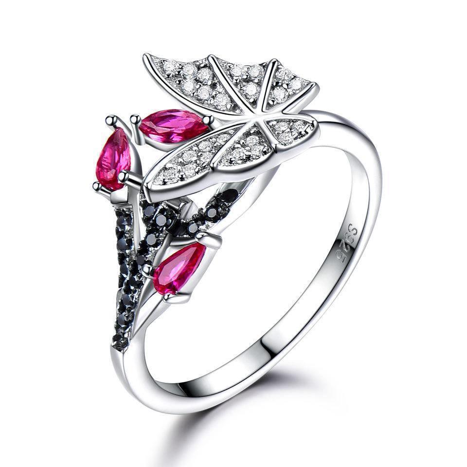 Butterfly Ring With Rubies And Black Spar - ring - Butterfly Ring With Rubies And Black Spar - White / 5code - by Hunny Life