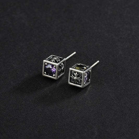 Color Diamond Rainbow Zircon Cross Square Earrings - Earrings - Color Diamond Rainbow Zircon Cross Square Earrings - Silver - by Hunny Life