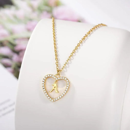 Cute Crystal Initial Necklace With Heart - necklaces - Cute Crystal Initial Necklace With Heart - R / Gold Color / United States - by Hunny Life