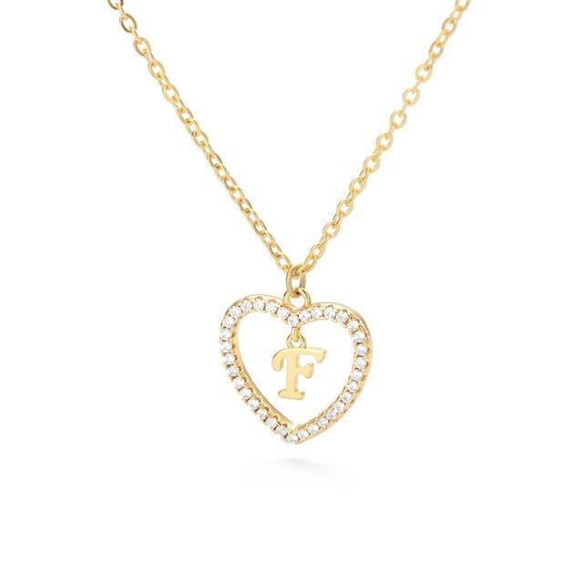 Cute Crystal Initial Necklace With Heart - necklaces - Cute Crystal Initial Necklace With Heart - R / Gold Color / United States - by Hunny Life