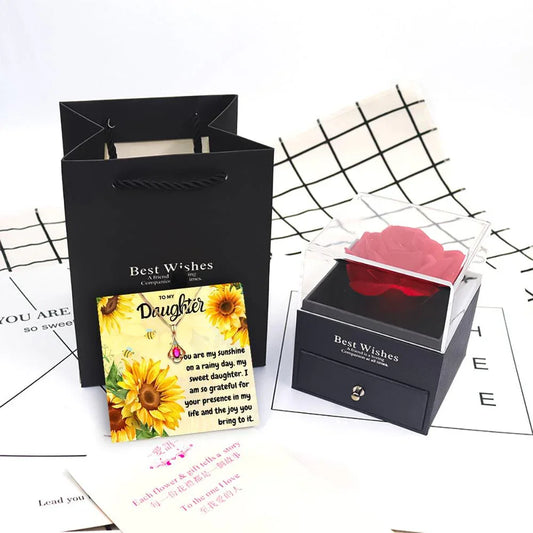 Daughter Necklace Gift From Mom With Rose Flower Jewelry Box - Daughter Necklace With Rose Flower Jewelry Box - Daughter Necklace Gift From Mom With Rose Flower Jewelry Box - Grey - by Hunny Life