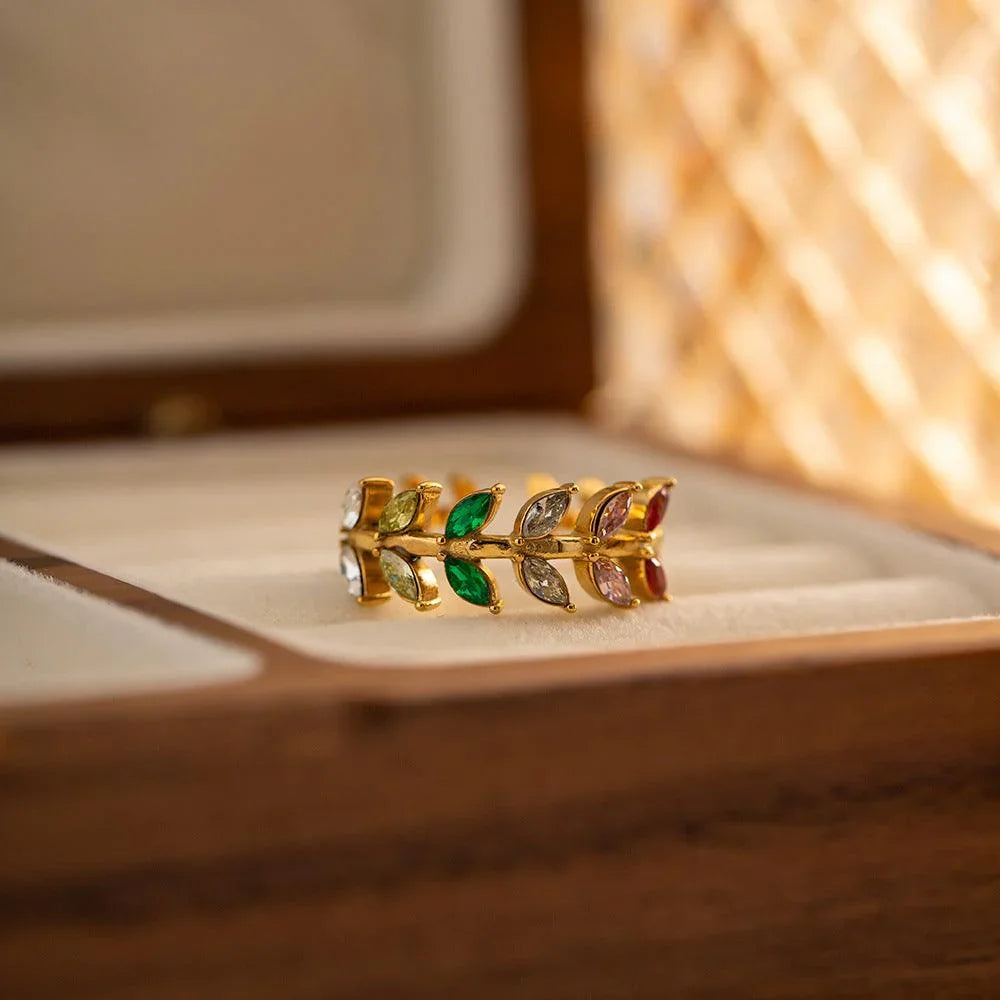 European And American Inlaid Zircon Leaves Open Ring - rings - European And American Inlaid Zircon Leaves Open Ring - JDR202434 / Adjustable Opening - by Hunny Life