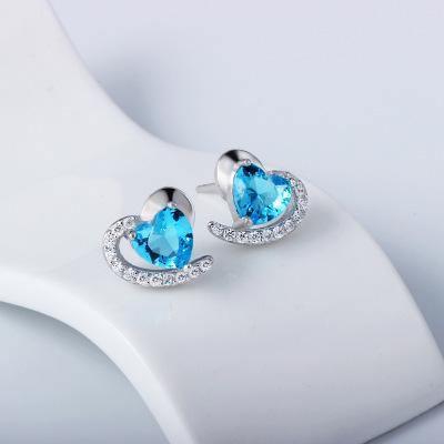 Luxury Sterling Silver Heart Shaped Stud Earrings 1 Silver 1 Blue with Gem