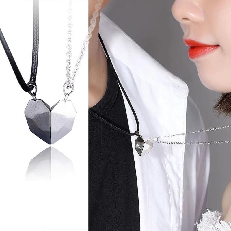 2PCS Magnetic Couple Lovers Heart Necklaces Matching Distance Faceted  Jewelry
