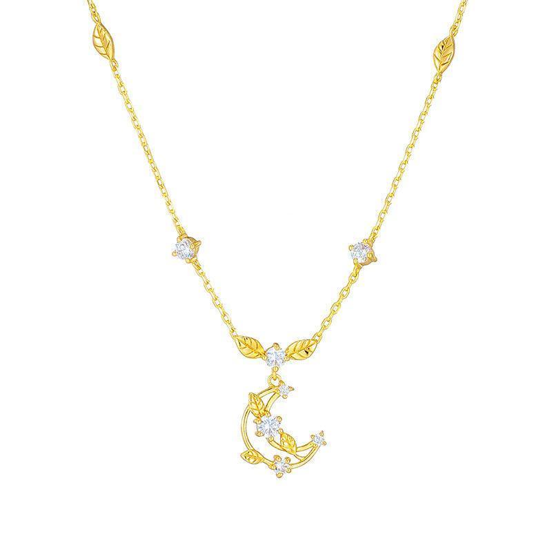 Moon Necklace Woven With Leaves - necklaces - Moon Necklace Woven With Leaves - Gold - by Hunny Life