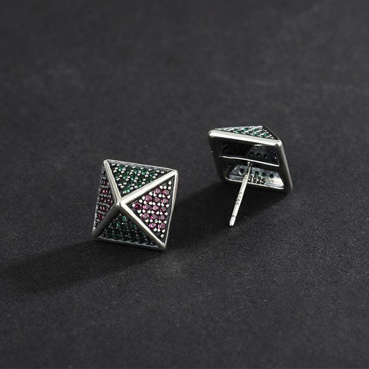 Pyramid Studded With Colorful Zirconium Earring - Earrings - Pyramid Studded With Colorful Zirconium Earring - Silver - by Hunny Life