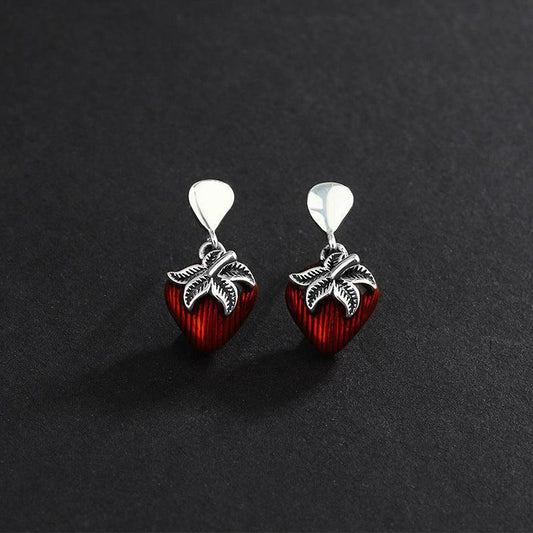 Retro Simple Drip Glue Red Strawberry Earrings - Earrings - Retro Simple Drip Glue Red Strawberry Earrings - Silver - by Hunny Life