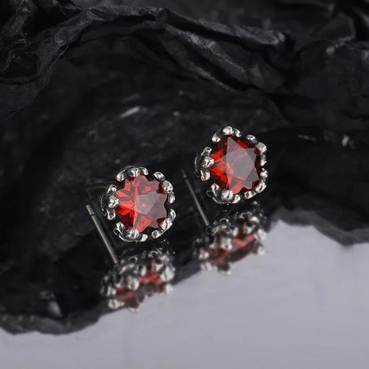 s925 Five Pointed Star Red Zircon Earrings - Earrings - s925 Five Pointed Star Red Zircon Earrings - Silver - by Hunny Life