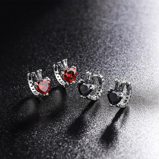 S925 Love Crown Ear Buckle Round Face Earrings - Earrings - S925 Love Crown Ear Buckle Round Face Earrings - Red - by Hunny Life