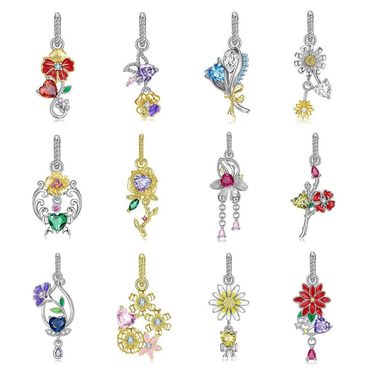 S925 Pure Silver Birthstone Flower Tale Beaded Charms - Charms & Pendants - S925 Pure Silver Birthstone Flower Tale Beaded Charms - June Rose PD0778 - by Hunny Life