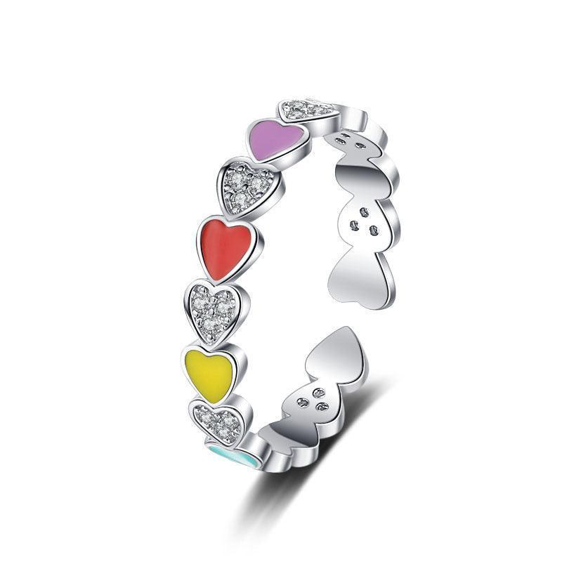 S925 Pure Silver Sweet Love Rainbow Enamel Ring Girl - rings - S925 Pure Silver Sweet Love Rainbow Enamel Ring Girl - Silver - by Hunny Life