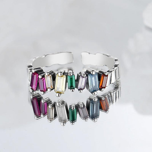 S925 Silver Colorful Ladder Zircon Ring - rings - S925 Silver Colorful Ladder Zircon Ring - KDP1437 - by Hunny Life