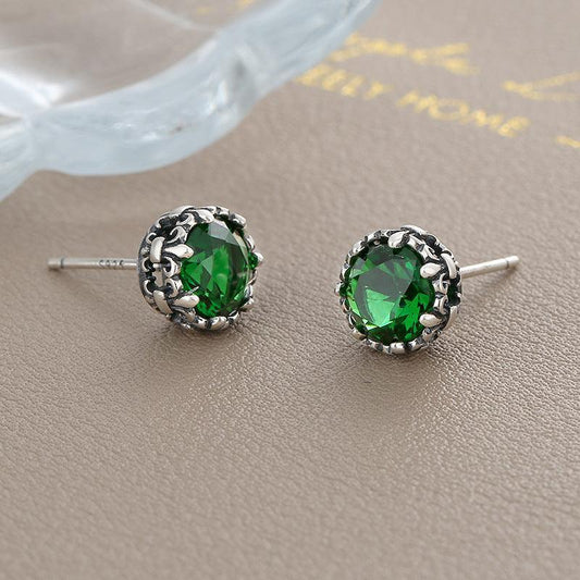 S925 Silver Emerald Zircon Retro Cross Earrings - Earrings - S925 Silver Emerald Zircon Retro Cross Earrings - Silver - by Hunny Life