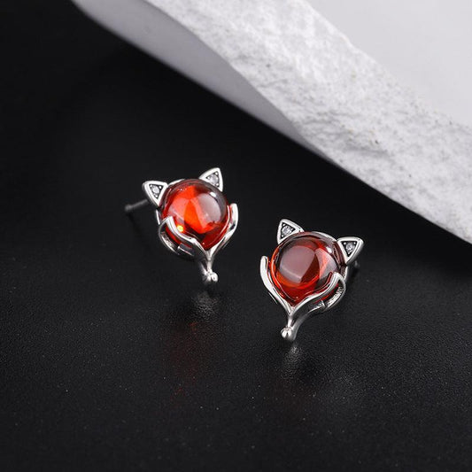 S925 Silver Little Red Fox Garnet Creative Earrings - Earrings - S925 Silver Little Red Fox Garnet Creative Earrings - Silver - by Hunny Life