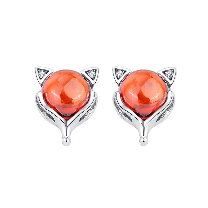 S925 Silver Little Red Fox Garnet Creative Earrings - Earrings - S925 Silver Little Red Fox Garnet Creative Earrings - Silver - by Hunny Life