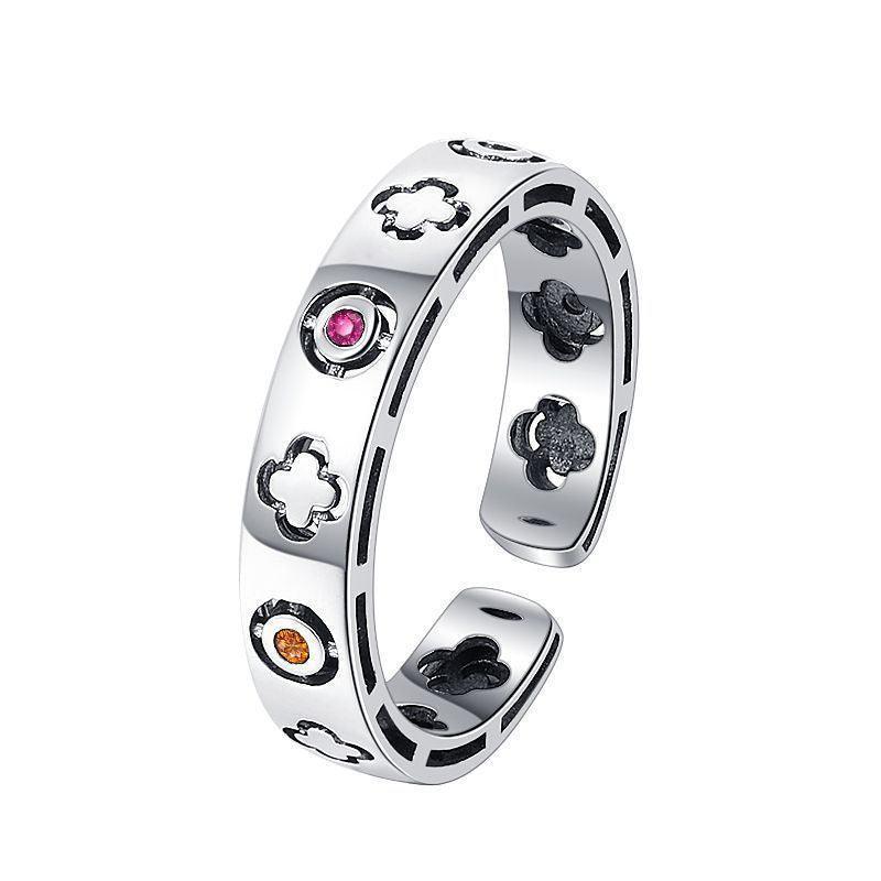 S925 Silver Lucky Clover Hollow Out Old Bone Flower Ring - rings - S925 Silver Lucky Clover Hollow Out Old Bone Flower Ring - Silver - by Hunny Life