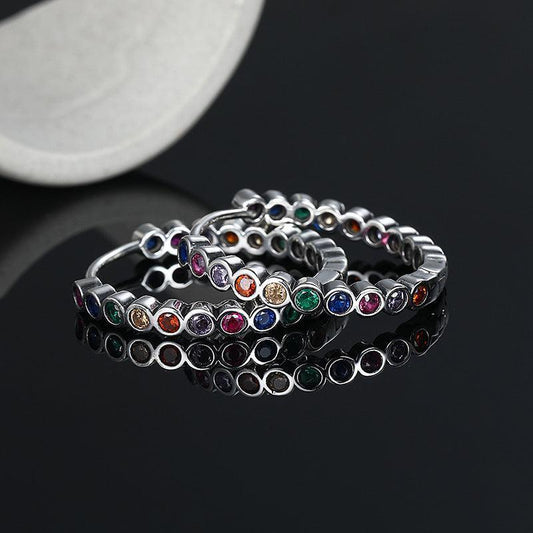 S925 Silver Rainbow Circle Colorful Zircon Earrings Female - Earrings - S925 Silver Rainbow Circle Colorful Zircon Earrings Female - Silver - by Hunny Life