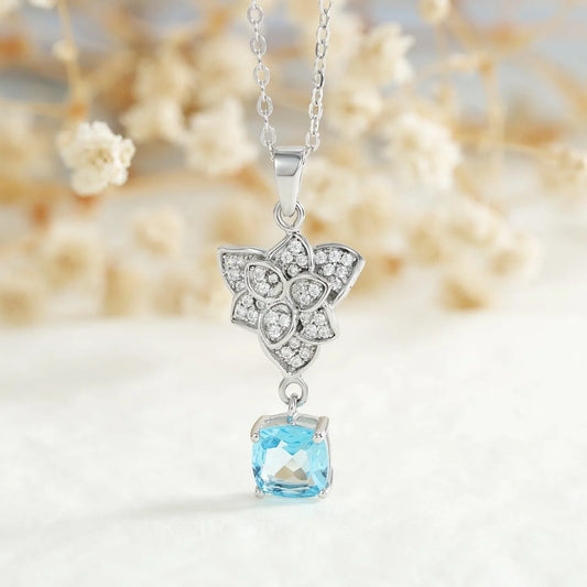 S925 Silver Set Swiss Blue Topaz Pendant Necklace - Necklaces - S925 Silver Set Swiss Blue Topaz Pendant Necklace - Swiss Blue Topaz - by Hunny Life