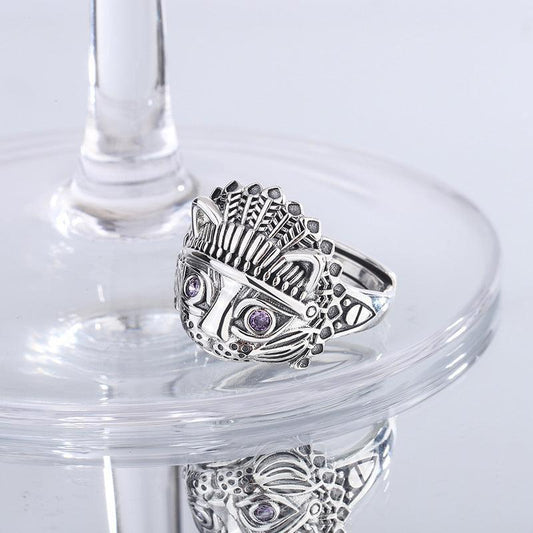 S925 Sterling Silver Chieftain Vintage Cat Head Ring - rings - S925 Sterling Silver Chieftain Vintage Cat Head Ring - Silver - by Hunny Life