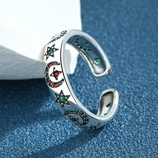S925 Sterling Silver Colorful Star Moon Ring For Women - rings - S925 Sterling Silver Colorful Star Moon Ring For Women - Silver - by Hunny Life