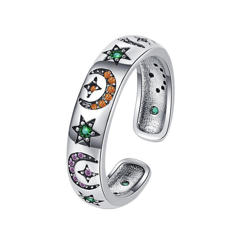 S925 Sterling Silver Colorful Star Moon Ring For Women - rings - S925 Sterling Silver Colorful Star Moon Ring For Women - Silver - by Hunny Life