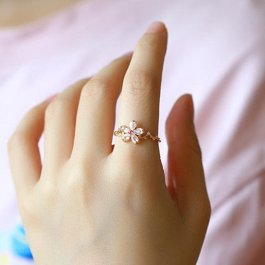 S925 Sterling Silver Crystal Flower Ring - rings - S925 Sterling Silver Crystal Flower Ring - 925silver peach blossom ring / 10th - by Hunny Life
