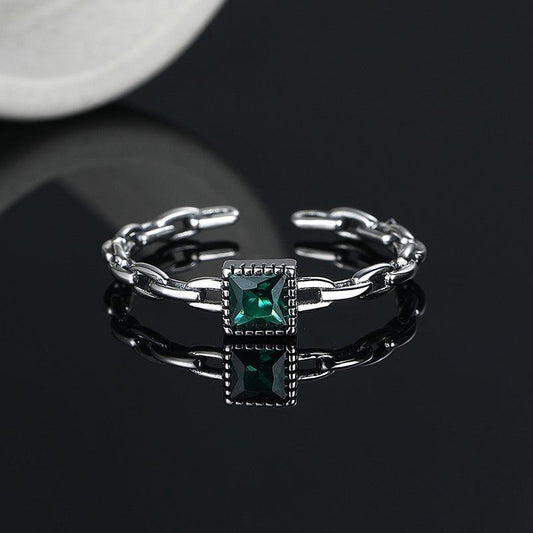S925 Sterling Silver Emerald Zircon Chain Ring - rings - S925 Sterling Silver Emerald Zircon Chain Ring - Silver - by Hunny Life