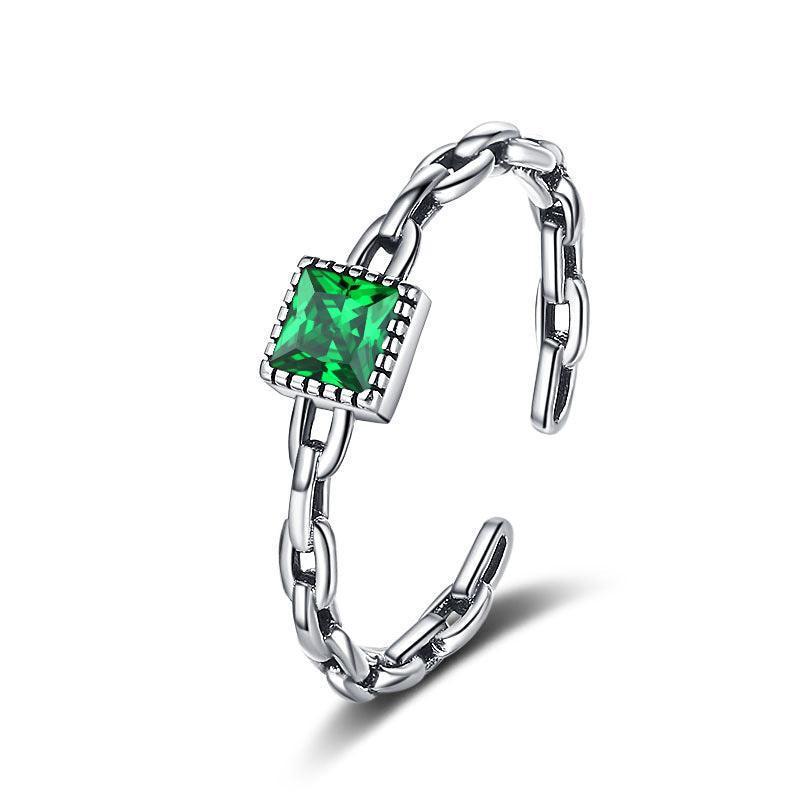 S925 Sterling Silver Emerald Zircon Chain Ring - rings - S925 Sterling Silver Emerald Zircon Chain Ring - Silver - by Hunny Life