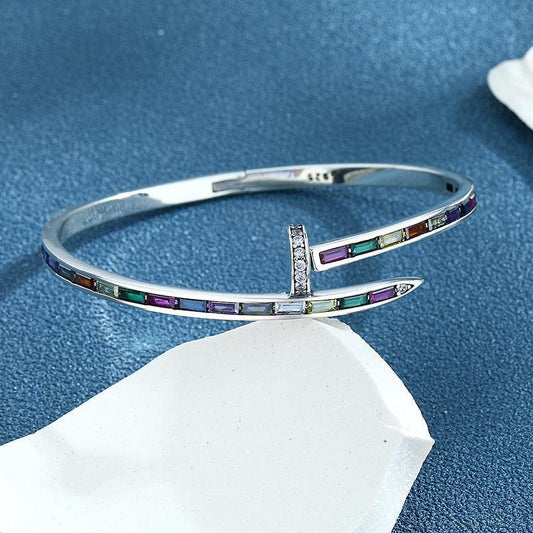 S925 Sterling Silver Fashion Rainbow Zircon Nail Bracelet - Bracelets - S925 Sterling Silver Fashion Rainbow Zircon Nail Bracelet - Silver - by Hunny Life