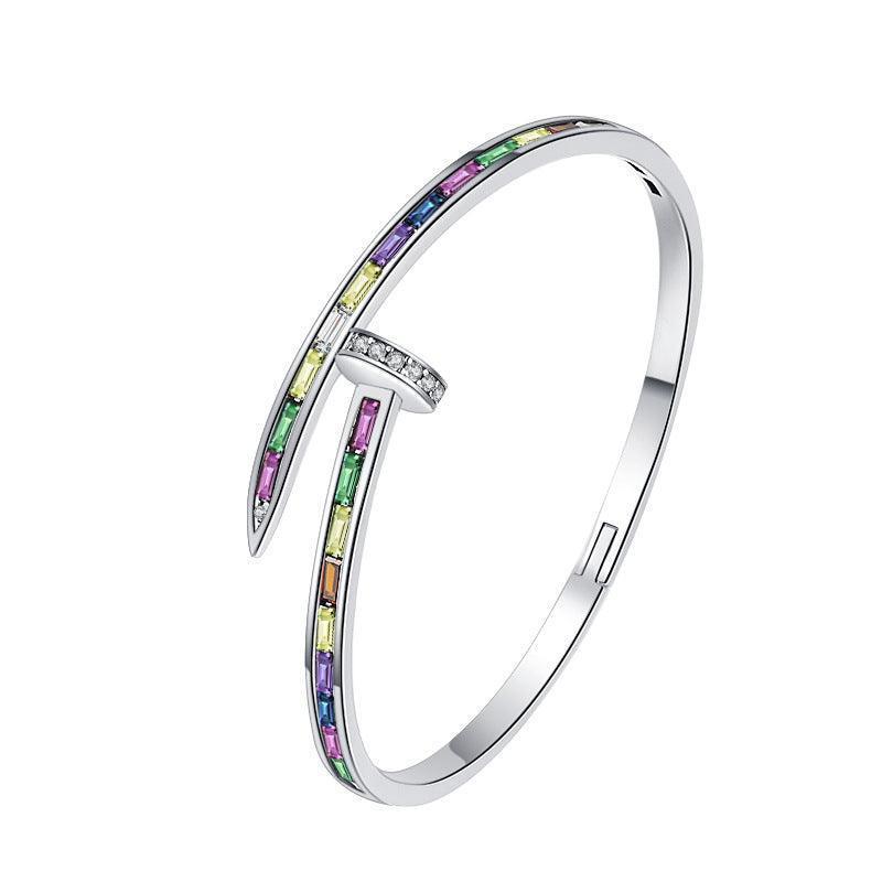 S925 Sterling Silver Fashion Rainbow Zircon Nail Bracelet - Bracelets - S925 Sterling Silver Fashion Rainbow Zircon Nail Bracelet - Silver - by Hunny Life
