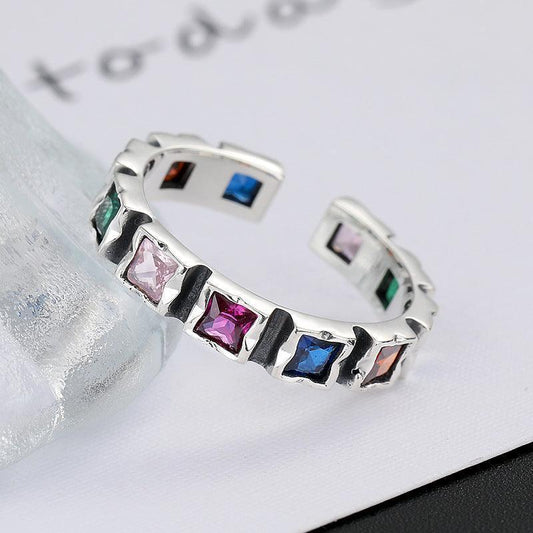 S925 Sterling Silver Hip Hop Retro Colorful Zircon Ring - rings - S925 Sterling Silver Hip Hop Retro Colorful Zircon Ring - Silver - by Hunny Life