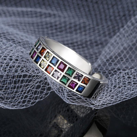 S925 Sterling Silver Ins Rainbow Cubic Zircon Ring Girl - rings - S925 Sterling Silver Ins Rainbow Cubic Zircon Ring Girl - Silver - by Hunny Life