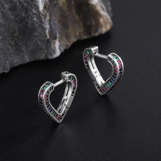 S925 Sterling Silver Rainbow Cute Zircon Love Earrings - Earrings - S925 Sterling Silver Rainbow Cute Zircon Love Earrings - Silver - by Hunny Life