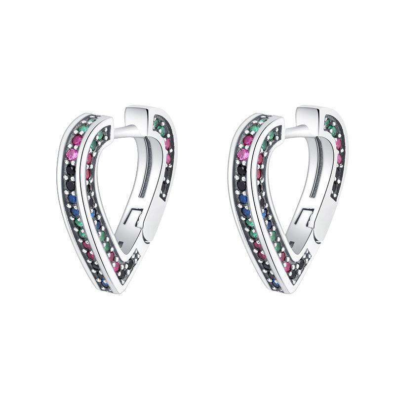 S925 Sterling Silver Rainbow Cute Zircon Love Earrings - Earrings - S925 Sterling Silver Rainbow Cute Zircon Love Earrings - Silver - by Hunny Life