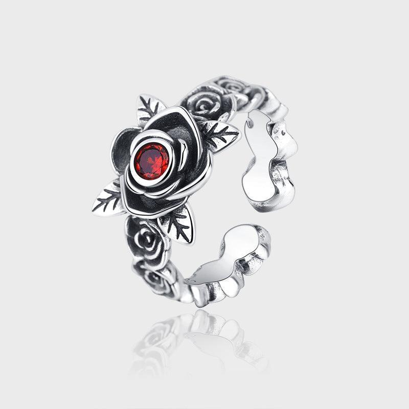 S925 Sterling Silver Red Zirconium Rose Ring - rings - S925 Sterling Silver Red Zirconium Rose Ring - Silver - by Hunny Life