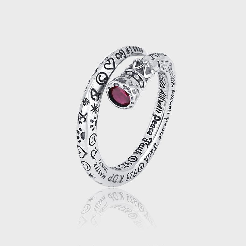 S925 Sterling Silver Retro Scepter Nail Red Diamond Ring Girl - rings - S925 Sterling Silver Retro Scepter Nail Red Diamond Ring Girl - Silver - by Hunny Life