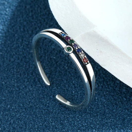 S925 Sterling Silver Retro Set Rainbow Double Layer Ring - rings - S925 Sterling Silver Retro Set Rainbow Double Layer Ring - Silver - by Hunny Life