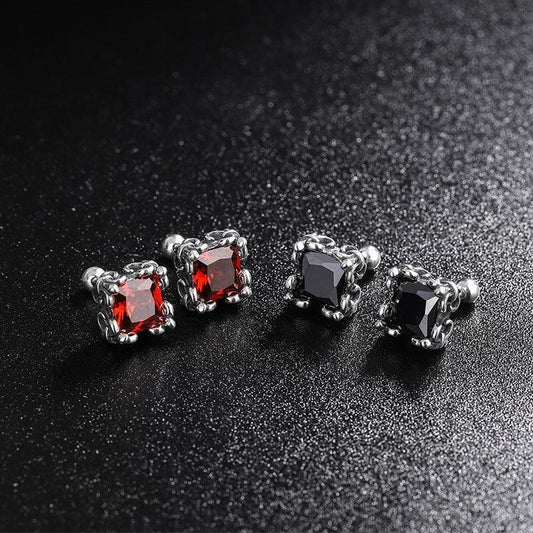 S925 Sterling Silver Square Red Gemstone Retro Earrings - Earrings - S925 Sterling Silver Square Red Gemstone Retro Earrings - KDP511 red - by Hunny Life