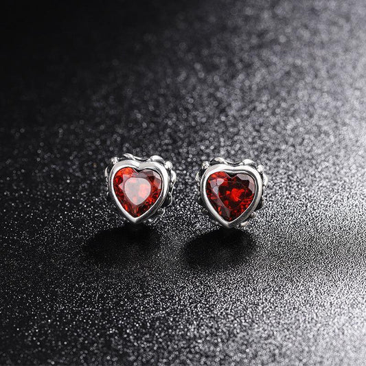 Simple Zircon Cool Wind Red Gemstone Love Earrings - Earrings - Simple Zircon Cool Wind Red Gemstone Love Earrings - Silver - by Hunny Life