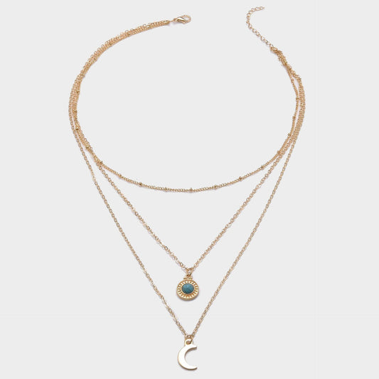Turquoise Multilayer Metal Moon Pendant Necklace - necklaces - Turquoise Multilayer Metal Moon Pendant Necklace - Gold - by Hunny Life